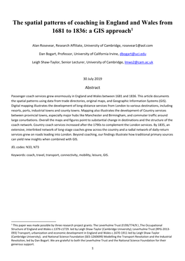 The Spatial Patterns of Coaching in England and Wales from 1681 to 1836: a GIS Approach1