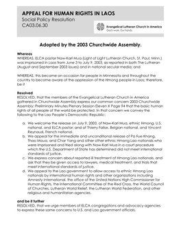 APPEAL for HUMAN RIGHTS in LAOS Social Policy Resolution CA03.06.30