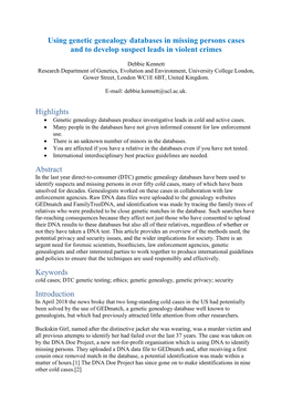 Using Genetic Genealogy Databases in Missing Persons Cases and to Develop Suspect Leads in Violent Crimes