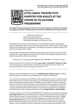 Little Angel Theatre Puts Puppetry for Adults at the Centre of Its Autumn Programme