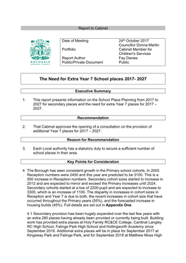 The Need for Extra Year 7 School Places 2017- 2027