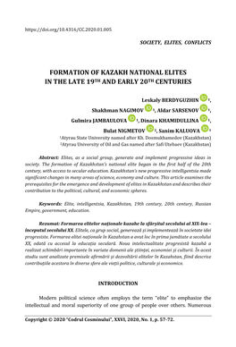 Formation of Kazakh National Elites in the Late 19Th and Early 20Th Centuries