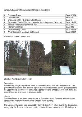 Scheduled Ancient Monuments in NT (As of June 2007) 1.Burradon Tower