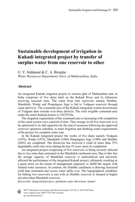 Sustainable Development of Irrigation in Kukadi Integrated Project by Transfer of Surplus Water from One Reservoir to Other
