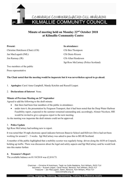 Minute of Meeting Held on Monday 22Nd October 2018 at Kilmallie Community Centre
