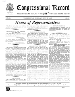 Congressional Record United States Th of America PROCEEDINGS and DEBATES of the 108 CONGRESS, SECOND SESSION