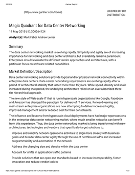 Magic Quadrant for Data Center Networking 11 May 2015 | ID:G00264124