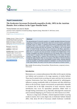 The Freshwater Bryozoan Pectinatella Magnifica (Leidy, 1851) in the Austrian Danube: First Evidence in the Upper Danube Basin