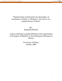 Popular History and the Desire for Knowledge: an Examination of James A. Michener's the Source As a Popular History of Isra