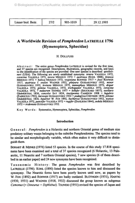 A Worldwide Revision of Pemphredon LATREILLE 1796 (Hymenoptera, Sphecidae)