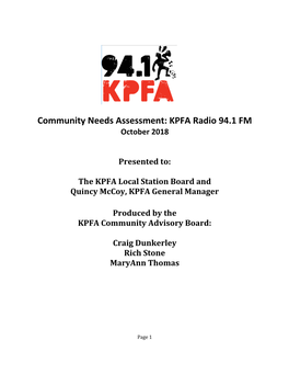 Community Needs Assessment: KPFA Radio 94.1 FM October 2018