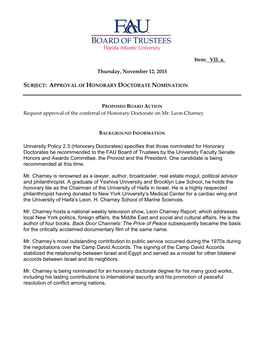 Item: VII. A. Thursday, November 12, 2015 Request Approval of the Conferral of Honorary Doctorate on Mr. Leon Charney Universit