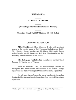 SYNOPSIS of DEBATE ______(Proceedings Other Than Questions and Answers) ______Thursday, March 09, 2017/ Phalguna 18, 1938 (Saka) ______