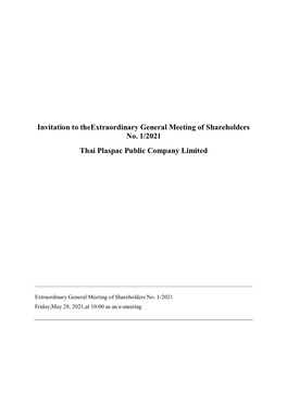 Invitation to Theextraordinary General Meeting of Shareholders No. 1/2021 Thai Plaspac Public Company Limited