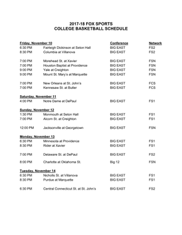 2017-18 Fox Sports College Basketball Schedule