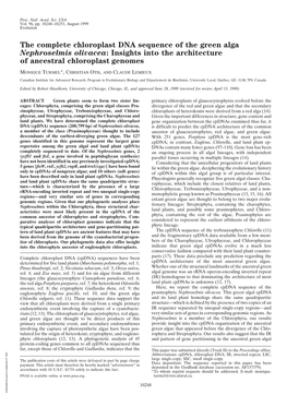 The Complete Chloroplast DNA Sequence of the Green Alga Nephroselmis Olivacea: Insights Into the Architecture of Ancestral Chloroplast Genomes