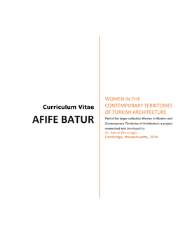 AFIFE BATUR Contemporary Territories of Architecture, a Project Researched and Developed by Dr