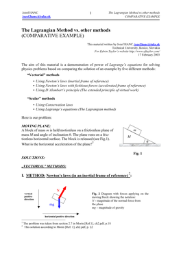 The Lagrangian Method Vs.Other Methods Jozef.Hanc@Tuke.Sk COMPARATIVE EXAMPLE