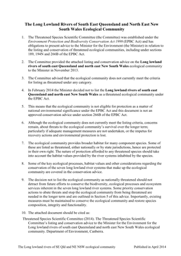 The Long Lowland Rivers of South East Queensland and North East New South Wales Ecological Community