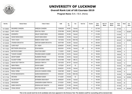 UNIVERSITY of LUCKNOW Overall Rank List of UG Courses-2019 Program Name: B.A