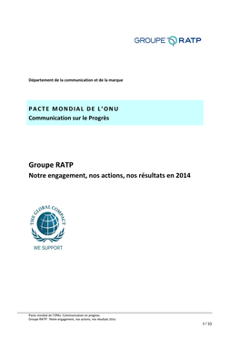 Groupe RATP Notre Engagement, Nos Actions, Nos Résultats En 2014