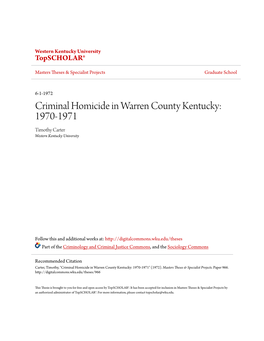 Criminal Homicide in Warren County Kentucky: 1970-1971 Timothy Carter Western Kentucky University