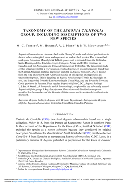 Taxonomy of the Begonia Tiliifolia Group, Including Descriptions of Two New Species