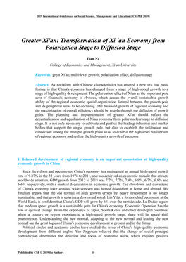 Greater Xi'an: Transformation of Xi 'An Economy from Polarization Stage to Diffusion Stage
