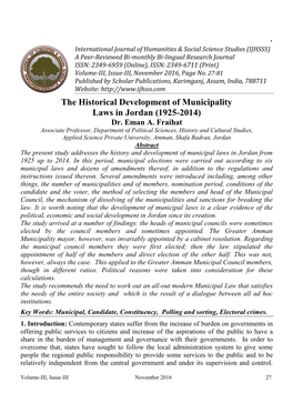 The Historical Development of Municipality Laws in Jordan (1925-2014) Dr