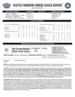 SEATTLE MARINERS MINOR LEAGUE REPORT Games of April 3, 2014