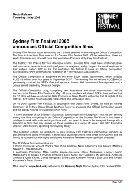 Sydney Film Festival 2008 Announces Official Competition Films