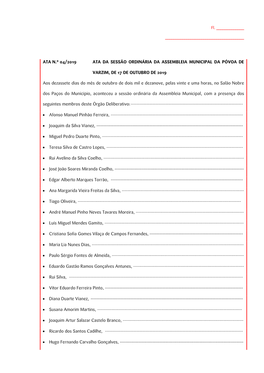 Ata N.º 04/2019 Ata Da Sessão Ordinária Da Assembleia Municipal Da Póvoa De