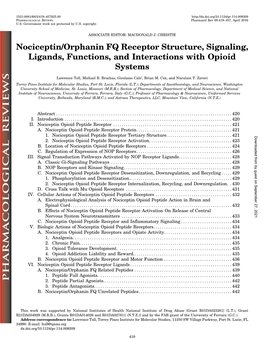 Nociceptin/Orphanin FQ Receptor Structure, Signaling, Ligands, Functions, and Interactions with Opioid Systems