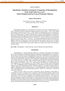 Distribution, Abundance and Species Composition of Phytoplankton in the South China Sea, Area I: Gulf of Thailand and East Coast of Peninsular Malaysia