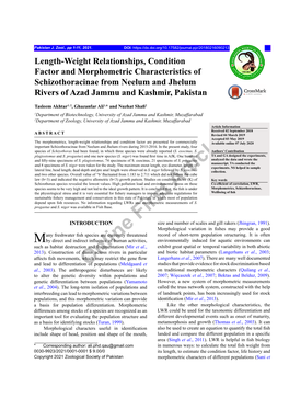 Length-Weight Relationships, Condition Factor and Morphometric Characteristics of Schizothoracinae from Neelum and Jhelum Rivers of Azad Jammu and Kashmir, Pakistan