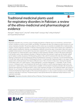 Traditional Medicinal Plants Used for Respiratory Disorders in Pakistan