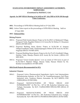 Agenda for 188Th SEIAA Meeting to Be Held on 14Th July 2020 at 10.30 AM Through Video Conference