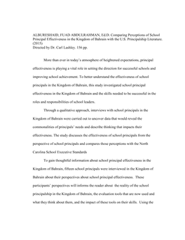 Comparing Perceptions of School Principal Effectiveness in the Kingdom of Bahrain with the U.S. Principalship Literature