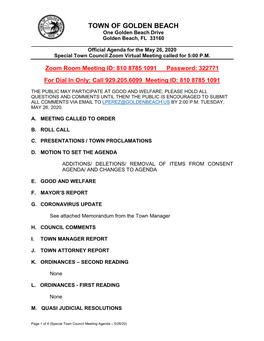 May 26, 2020 Special Town Council Meeting Agenda