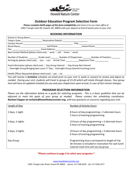 Outdoor Education Program Selection Form