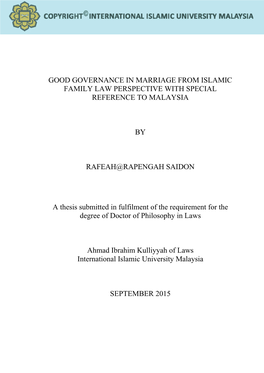 Good Governance in Marriage from Islamic Family Law Perspective with Special Reference to Malaysia