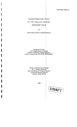 Characterization Study of the Ogallala Aquifer, Northwest Texas