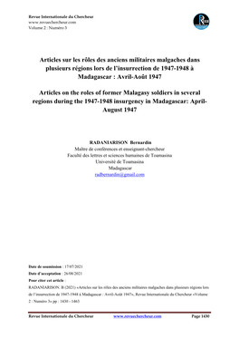 Articles Sur Les Rôles Des Anciens Militaires Malgaches Dans Plusieurs Régions Lors De L’Insurrection De 1947-1948 À Madagascar : Avril-Août 1947