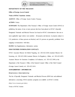 DEPARTMENT of the TREASURY Office of Foreign Assets Control Notice of OFAC Sanctions Actions. AGENCY