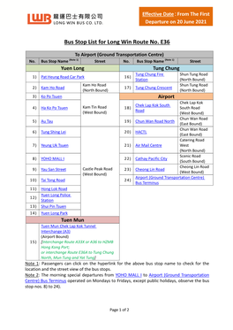 Bus Stop List for Long Win Route No. E36