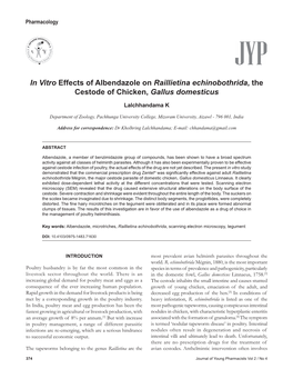 In Vitro Effects of Albendazole on Raillietina Echinobothrida, the Cestode of Chicken, Gallus Domesticus