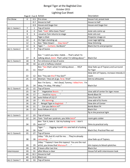 Bengal Tiger at the Baghdad Zoo Lighting Cue Sheet