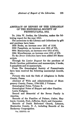 Abstract of Report of the Librarian. 225 ABSTRACT of REPORT of THE