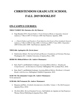 Christendom Graduate School Fall 2019 Booklist