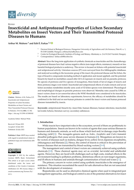 Insecticidal and Antiprotozoal Properties of Lichen Secondary Metabolites on Insect Vectors and Their Transmitted Protozoal Diseases to Humans